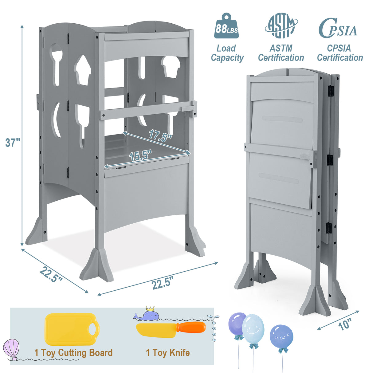 Folding Wooden Step Stool with Lockable Safety Rail for Toddler 3+