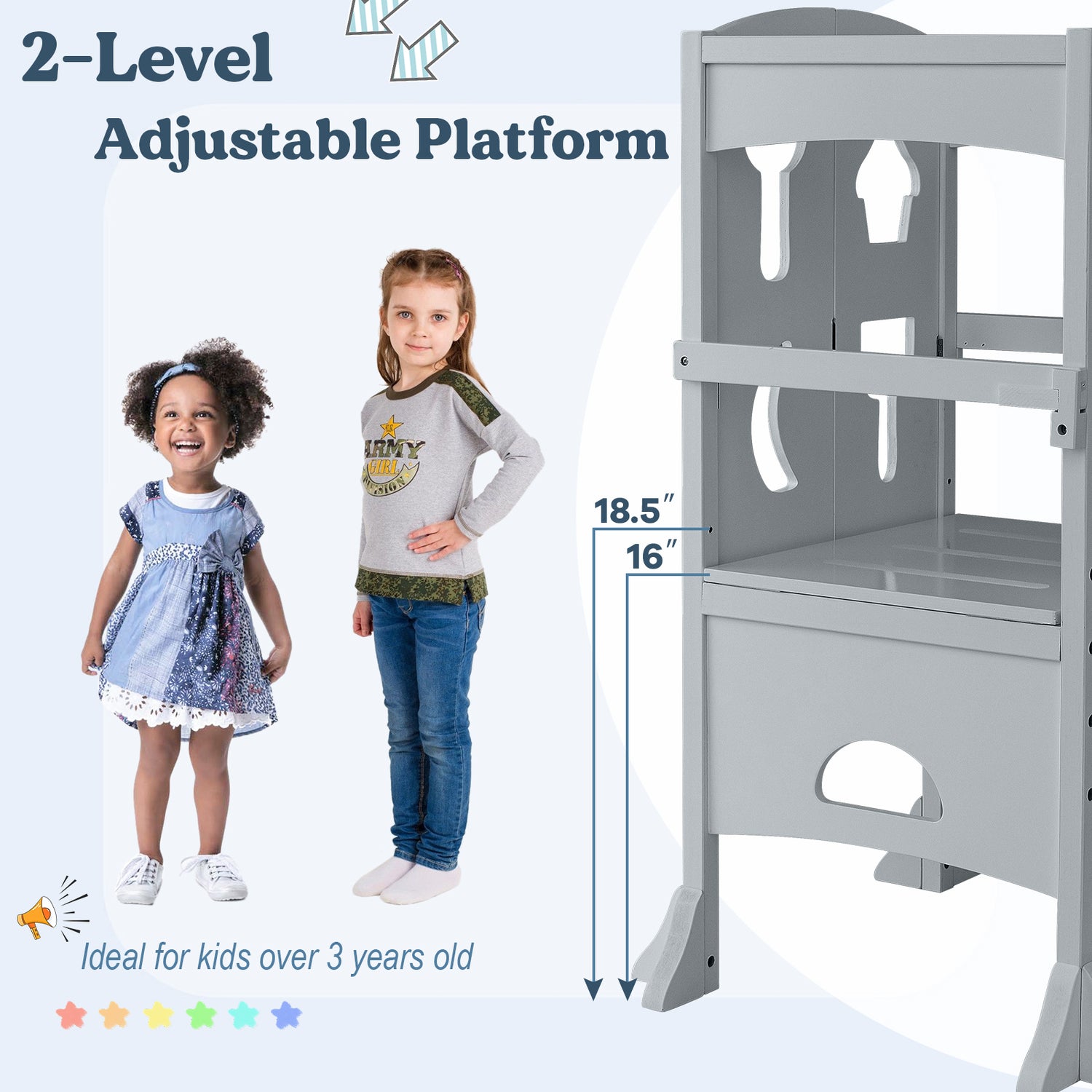 Folding Wooden Step Stool with Lockable Safety Rail for Toddler 3+