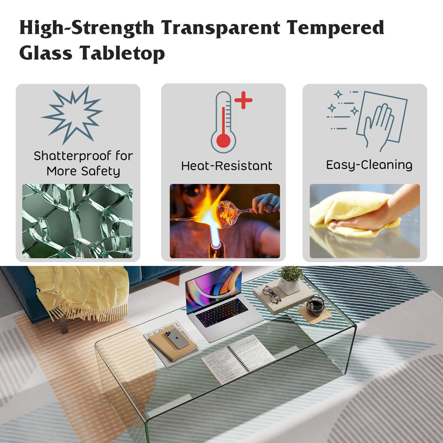 42 x 19.7 Inch Clear Tempered Glass Coffee Table with Rounded Edges-Transparent