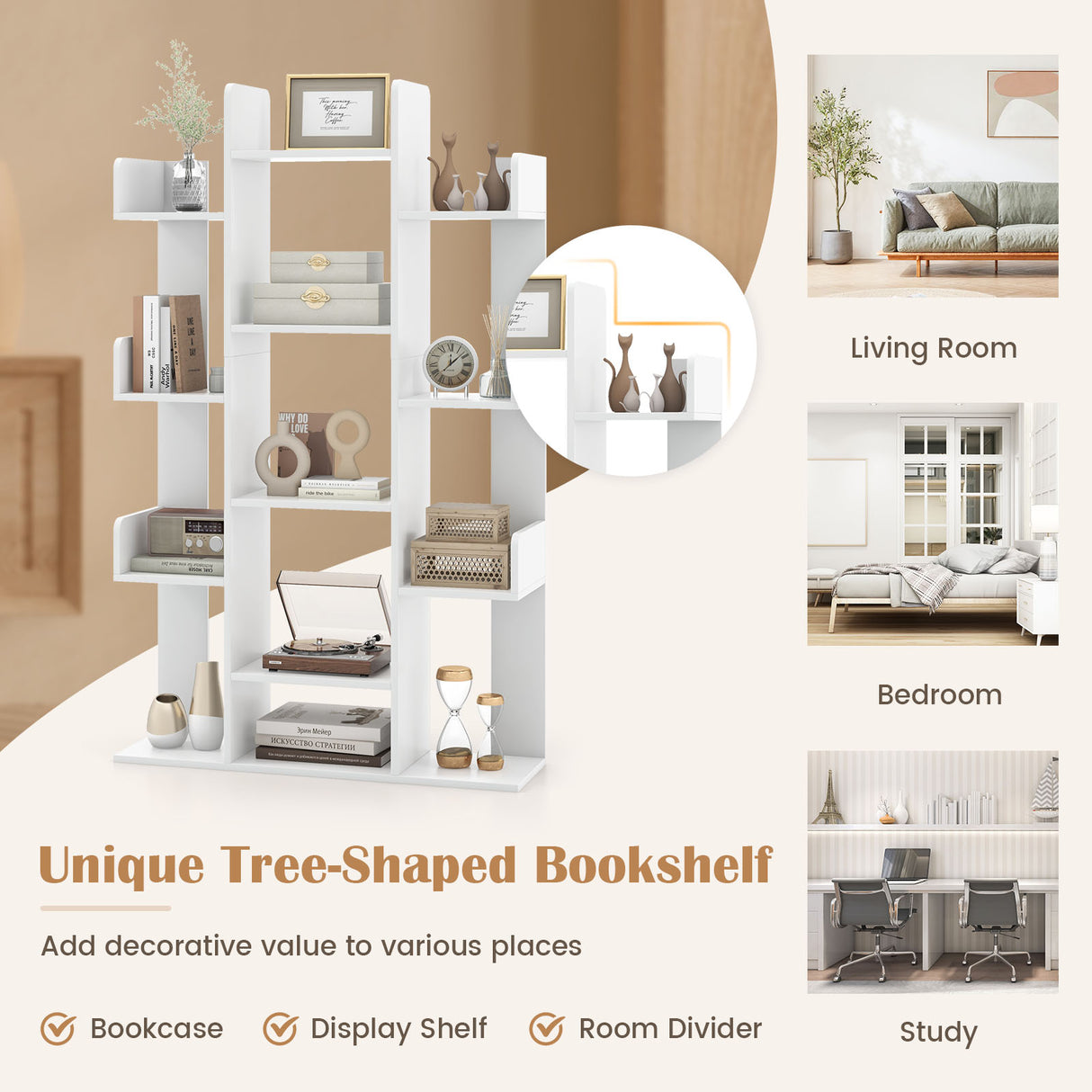 Tree-Shaped Bookshelf with 13 Compartments for Home Office