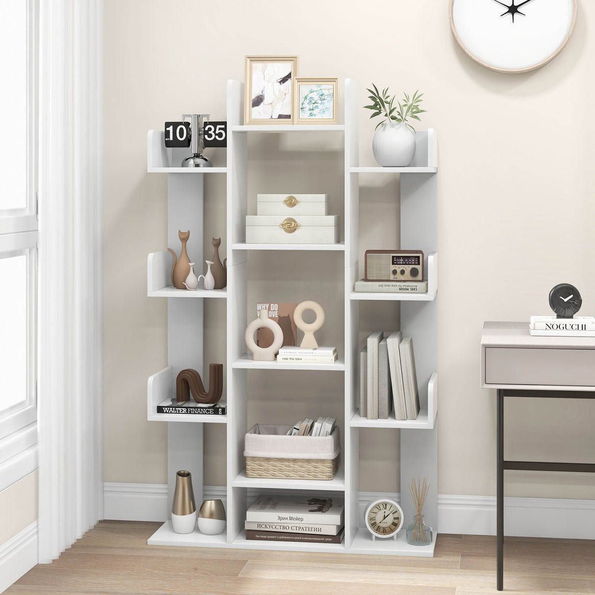 Tree-Shaped Bookshelf with 13 Compartments for Home Office