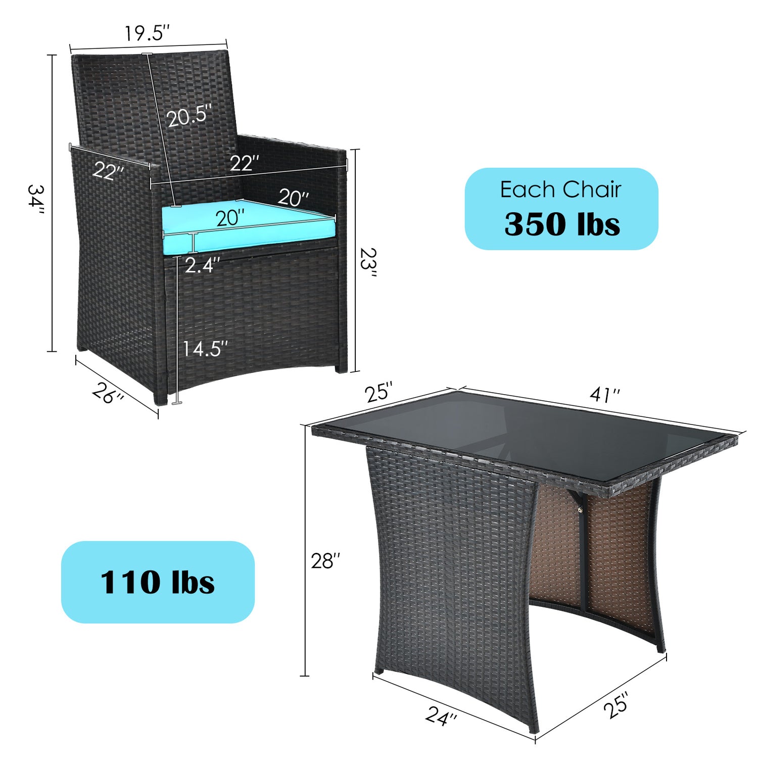 3 Pieces Patio Rattan Furniture Set with Cushion and Sofa Armrest