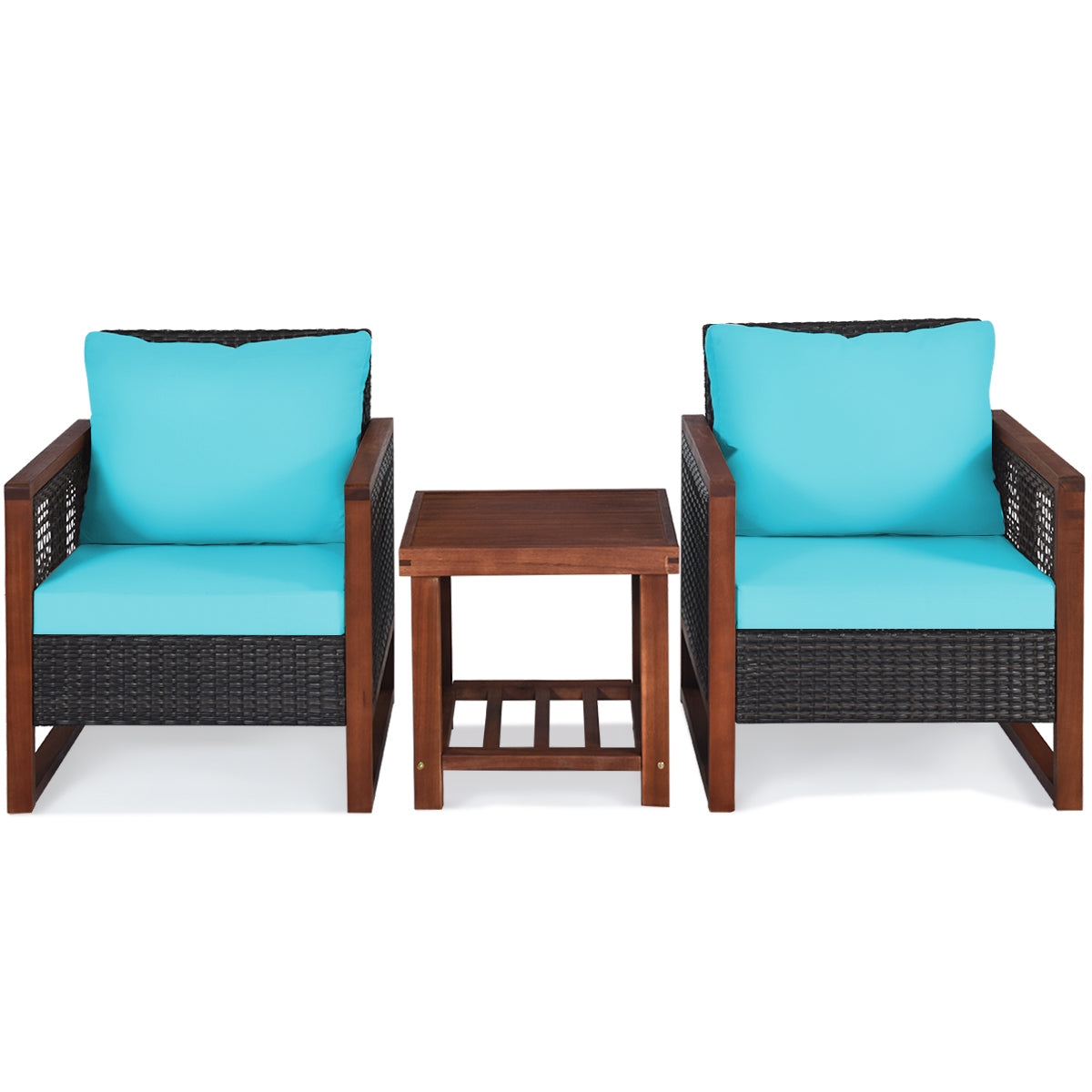 3 Pieces Patio Wicker Furniture Set with Washable Cushion and Acacia Wood Coffee Table