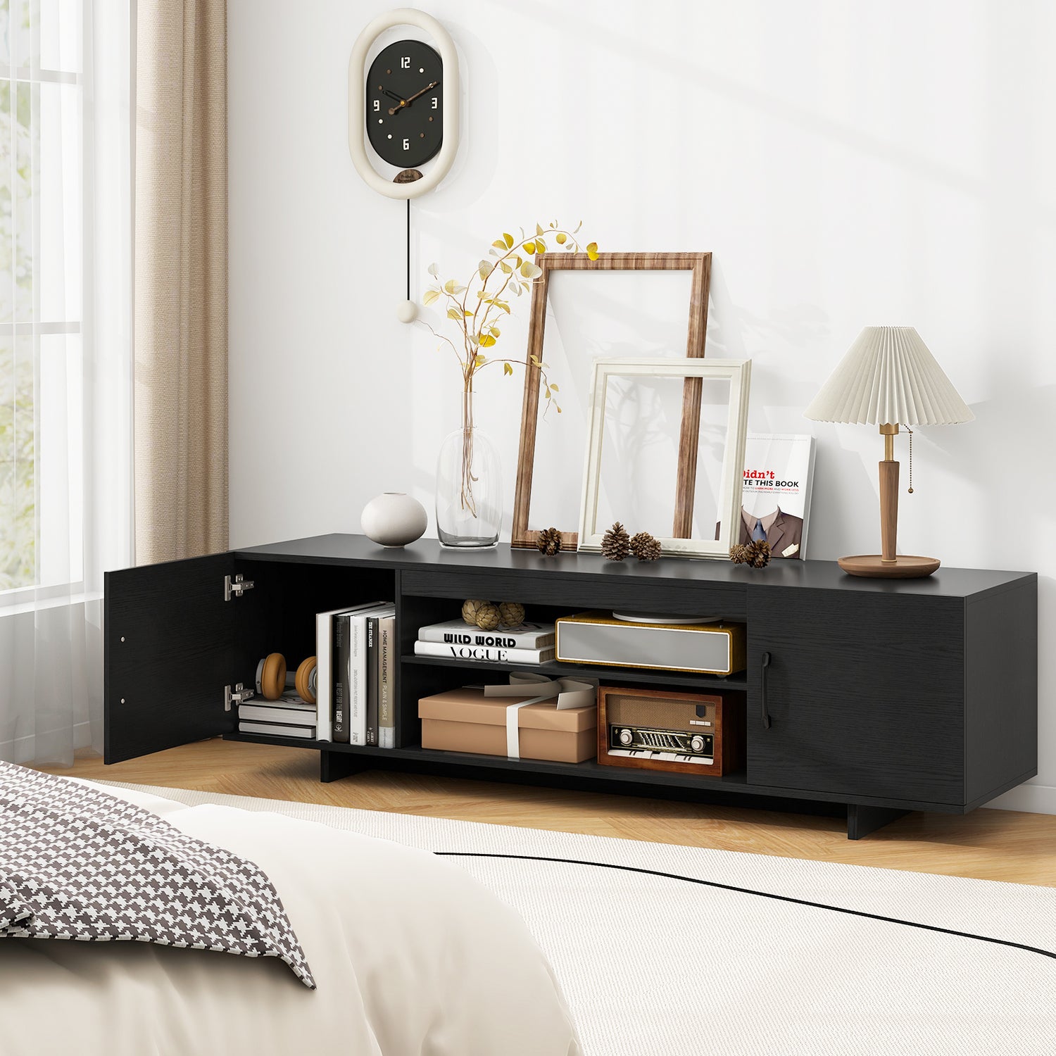 TV Stand with Power Outlet and 2 Cable Holes for 65 Inch TVs