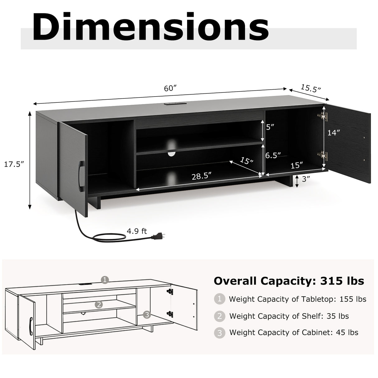 TV Stand with Power Outlet and 2 Cable Holes for 65 Inch TVs