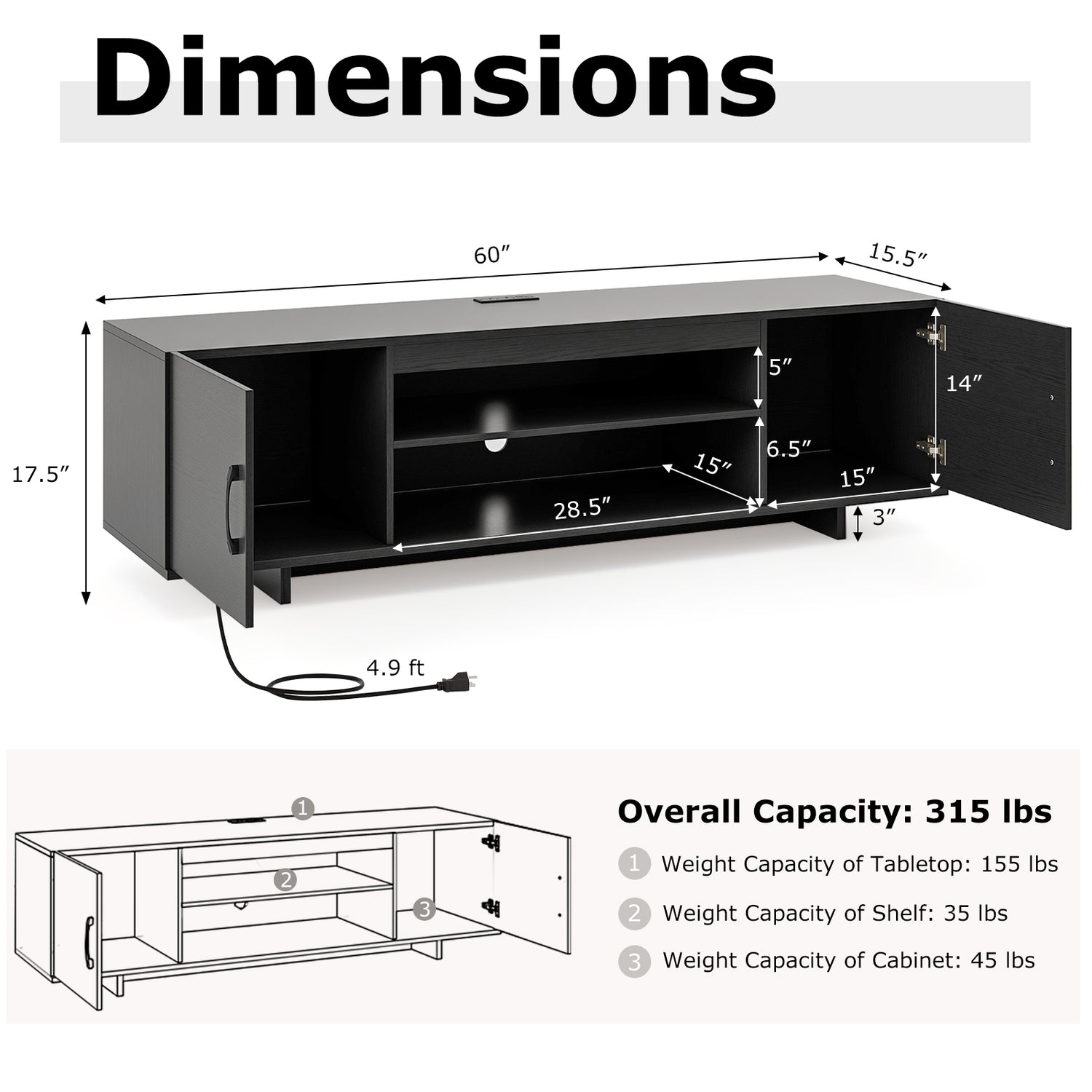 TV Stand with Power Outlet and 2 Cable Holes for 65 Inch TVs