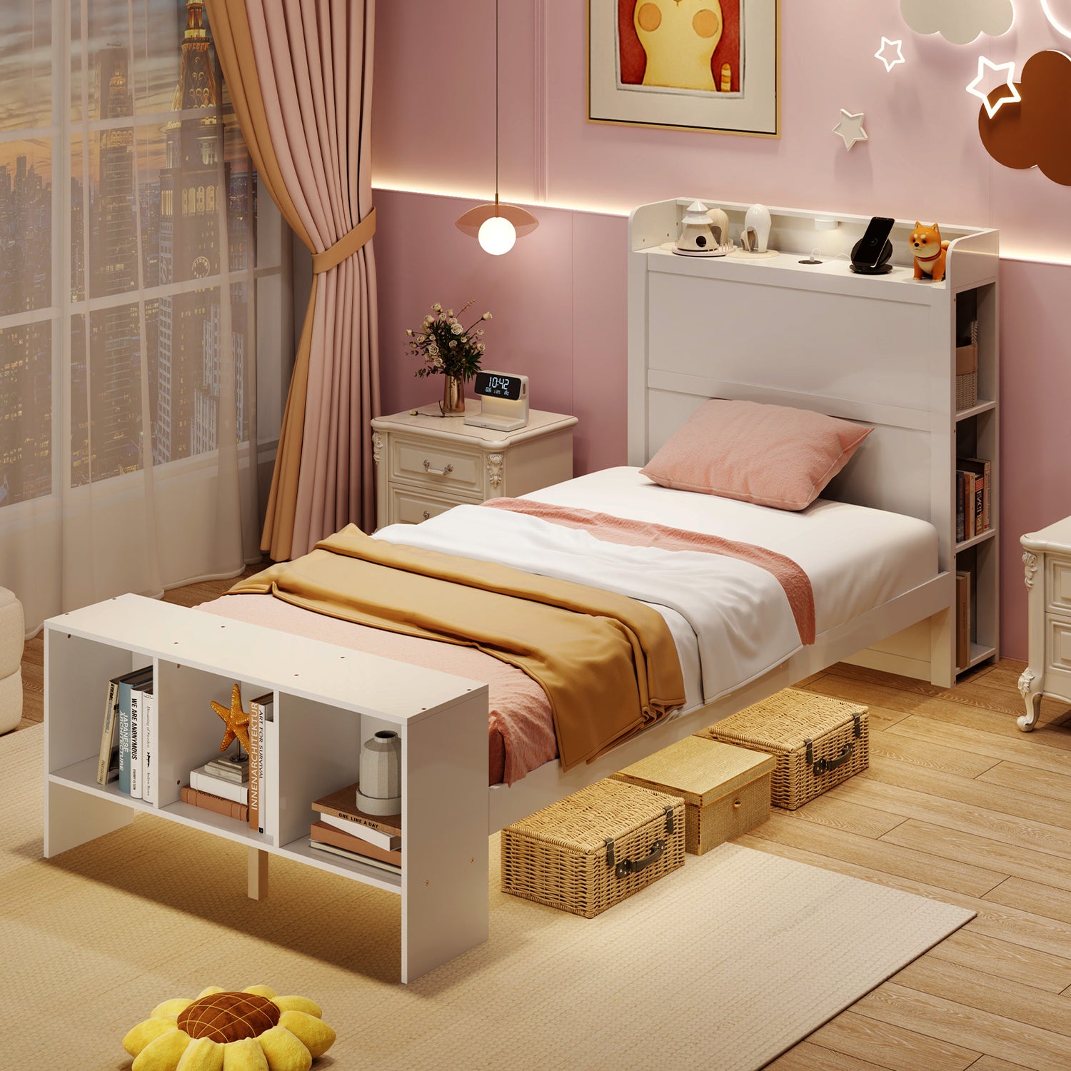 Twin Size Bed Frame with 2 USB Ports with Storage Headboard and Lights