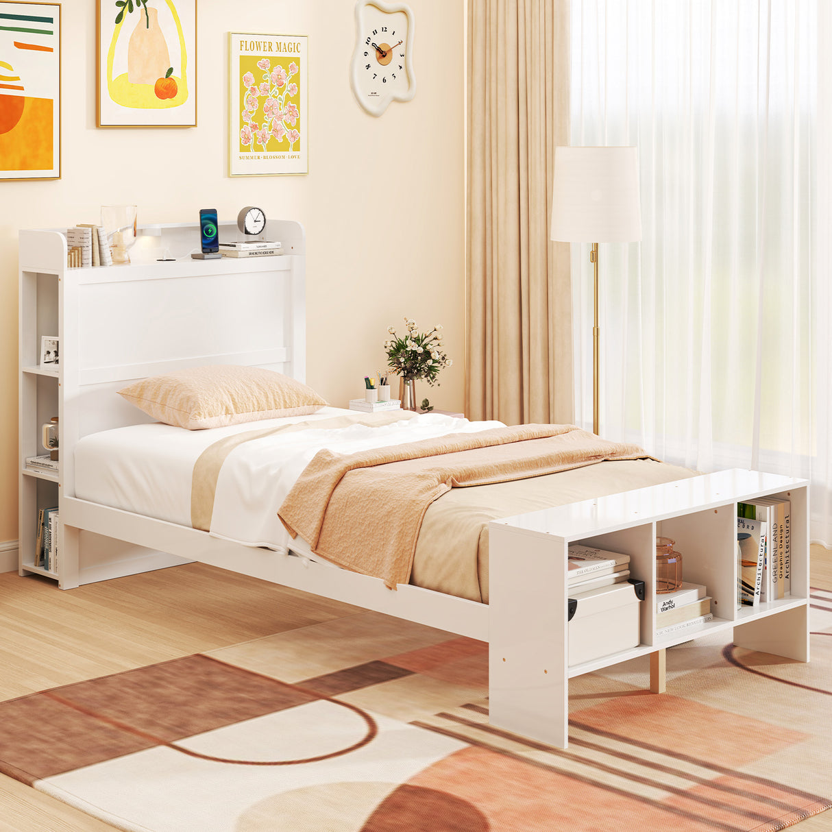 Twin Size Bed Frame with 2 USB Ports with Storage Headboard and Lights