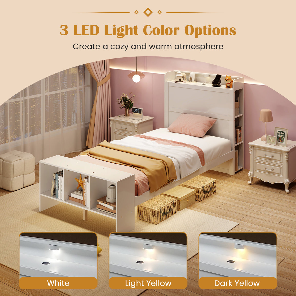 Twin Size Bed Frame with 2 USB Ports with Storage Headboard and Lights