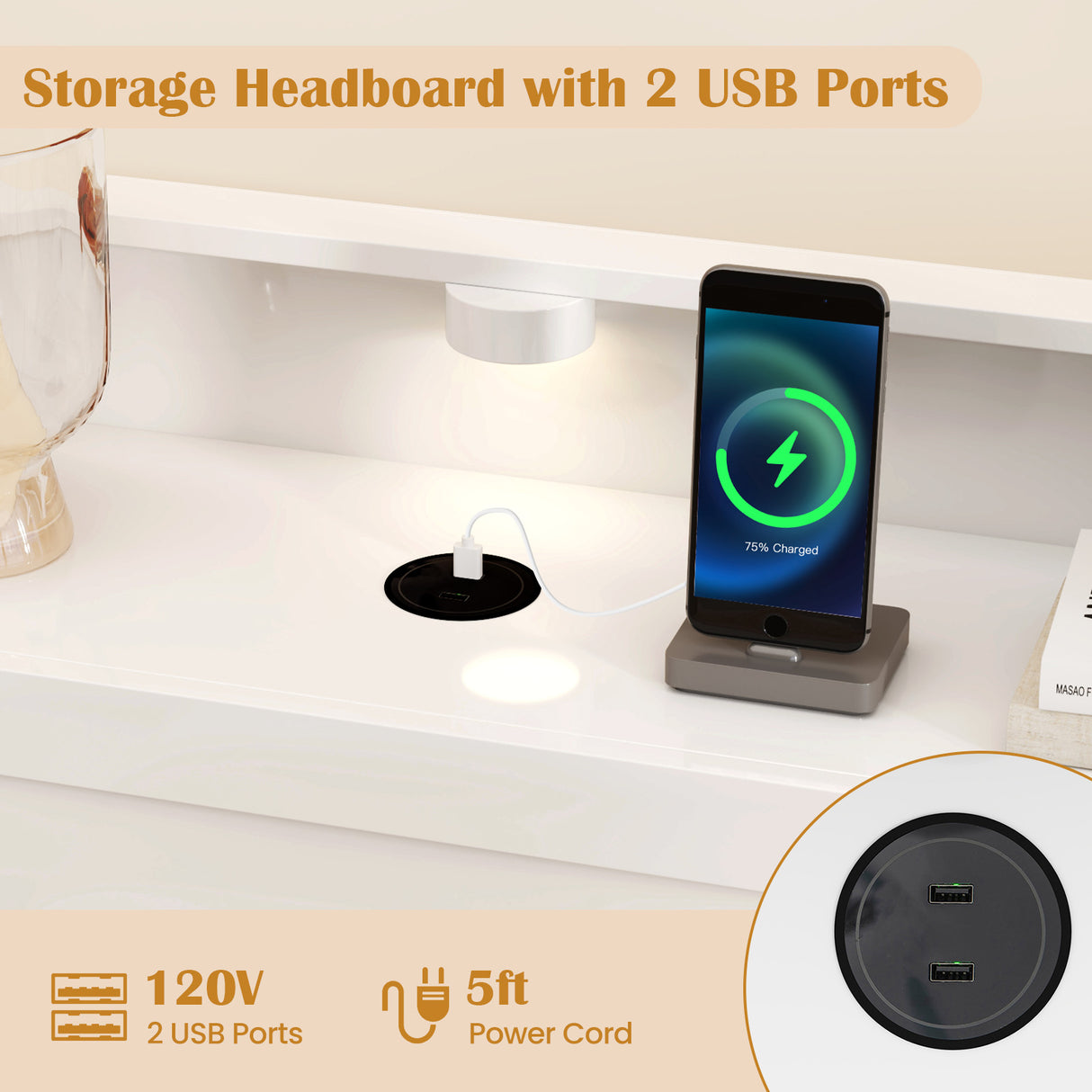 Twin Size Bed Frame with 2 USB Ports with Storage Headboard and Lights