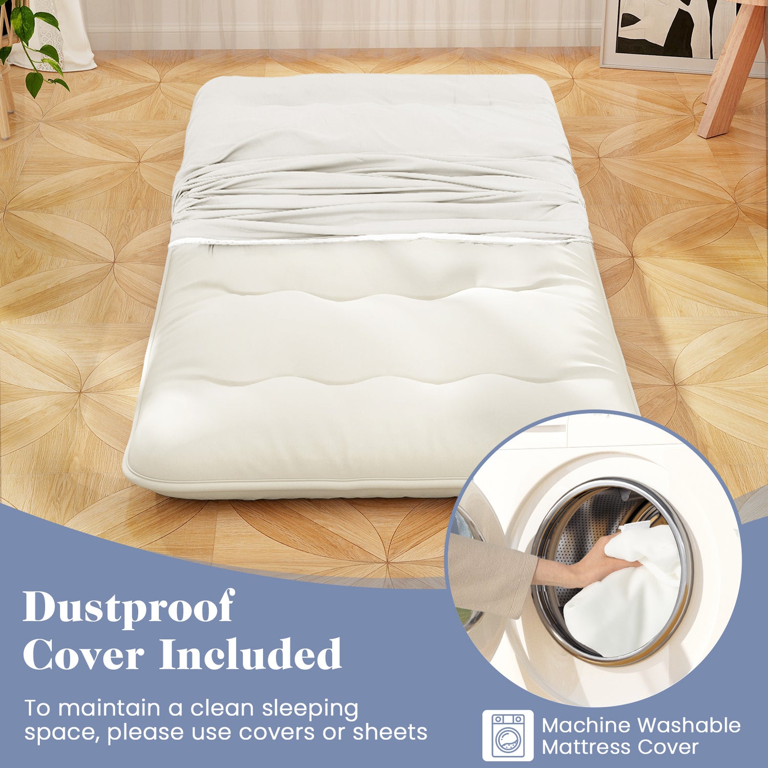 Queen/King/Twin/Full Futon Mattress Floor Sleeping Pad with Washable Cover Beige