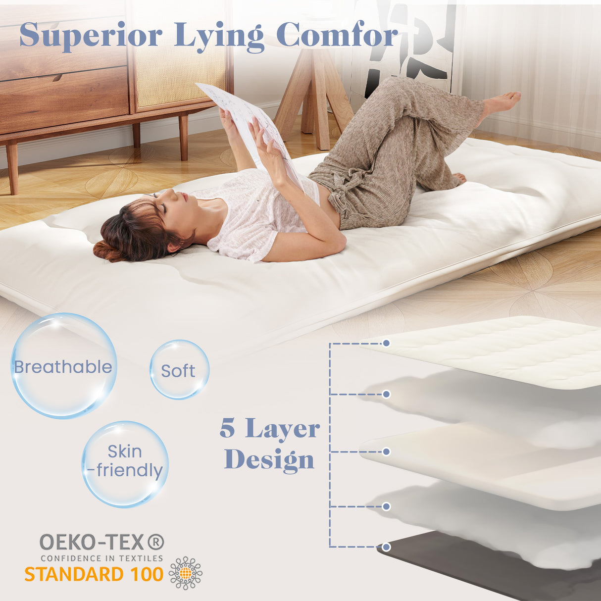 Queen/King/Twin/Full Futon Mattress Floor Sleeping Pad with Washable Cover Beige
