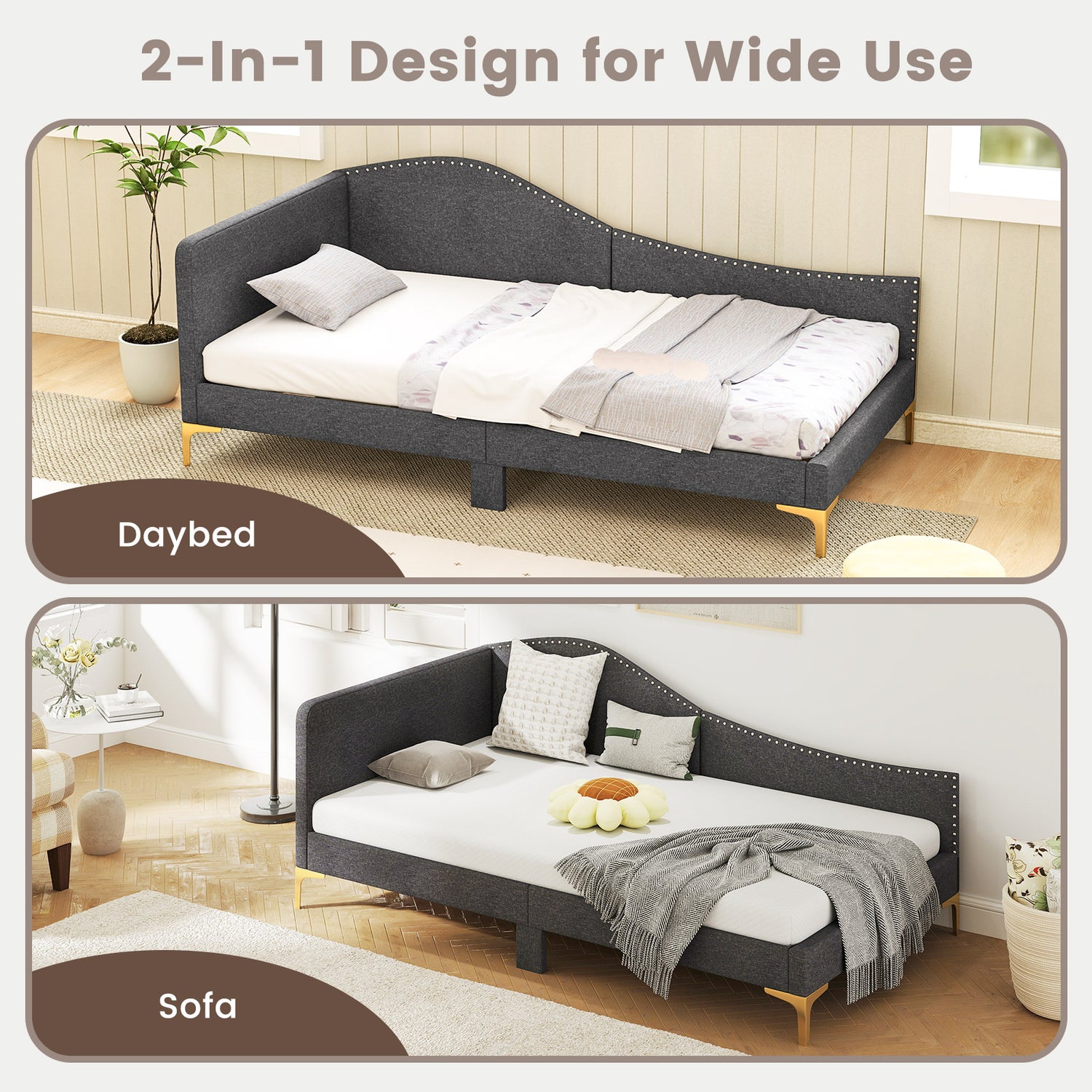 Full/Twin Size Rivet-Tufted Platform Bed with Metal Legs and Wood Slats