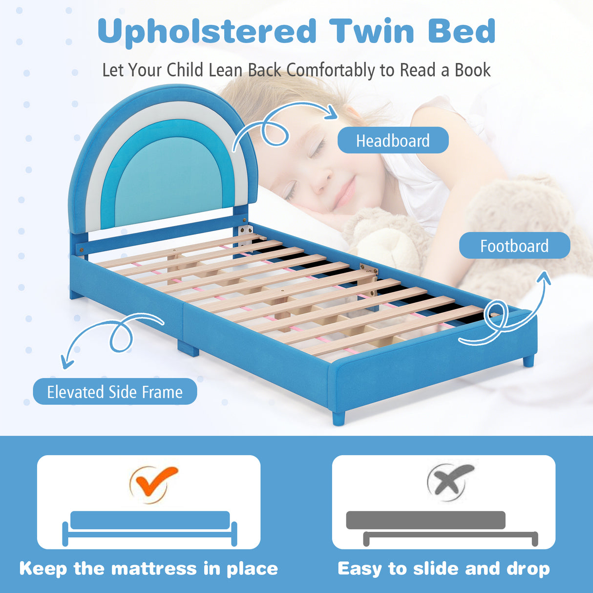 Twin Bed Frame with Height-Adjustable Headboard and Sturdy Wooden Slats