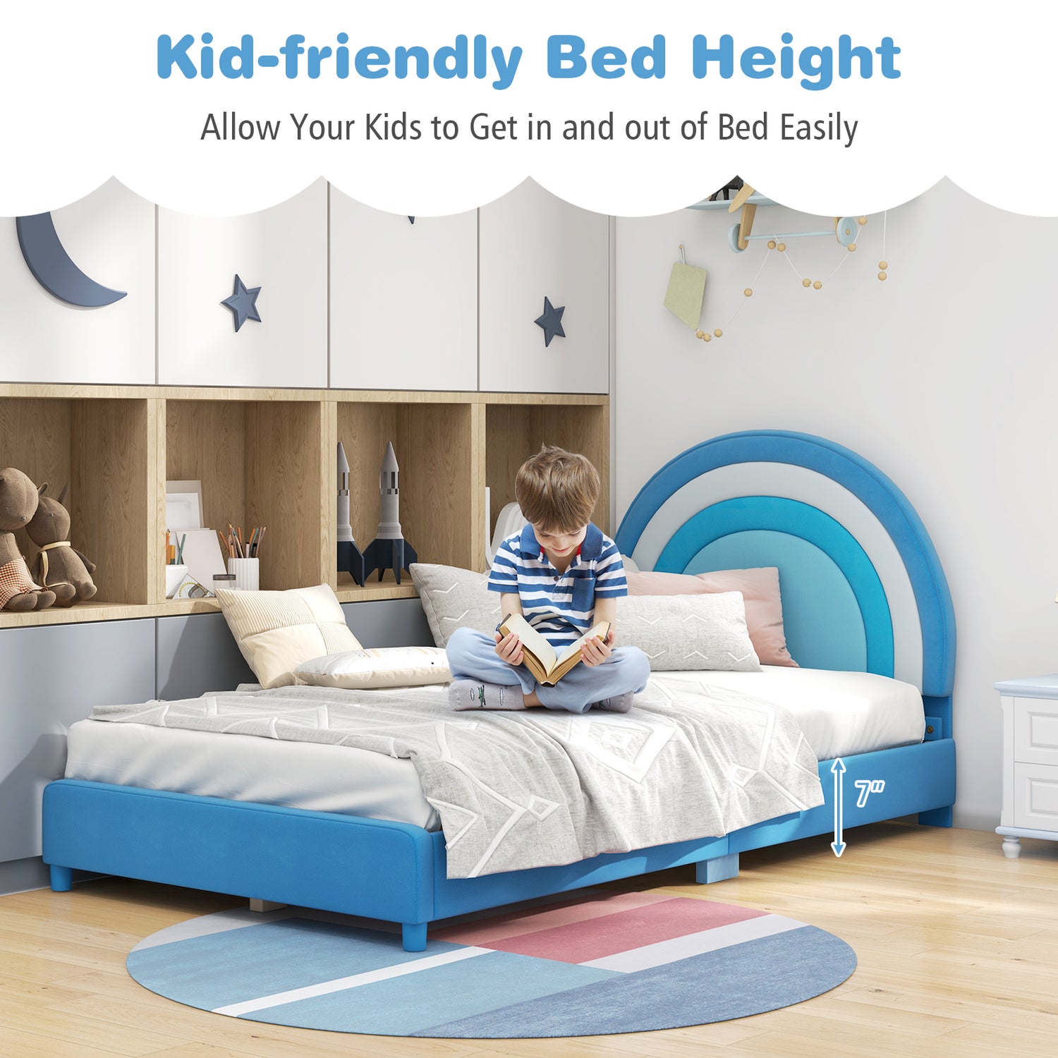 Twin Bed Frame with Height-Adjustable Headboard and Sturdy Wooden Slats