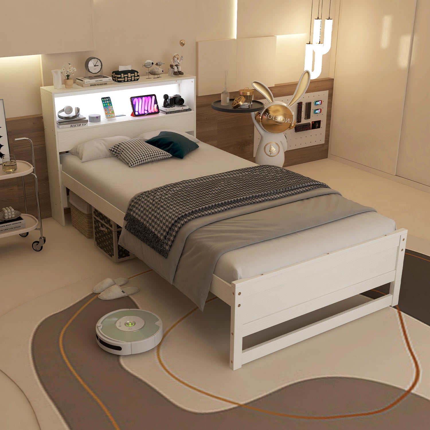 Twin Size Bed Frame with Storage Headboard and Charging Station