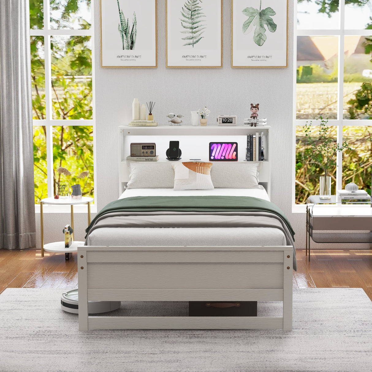 Twin Size Bed Frame with Storage Headboard and Charging Station
