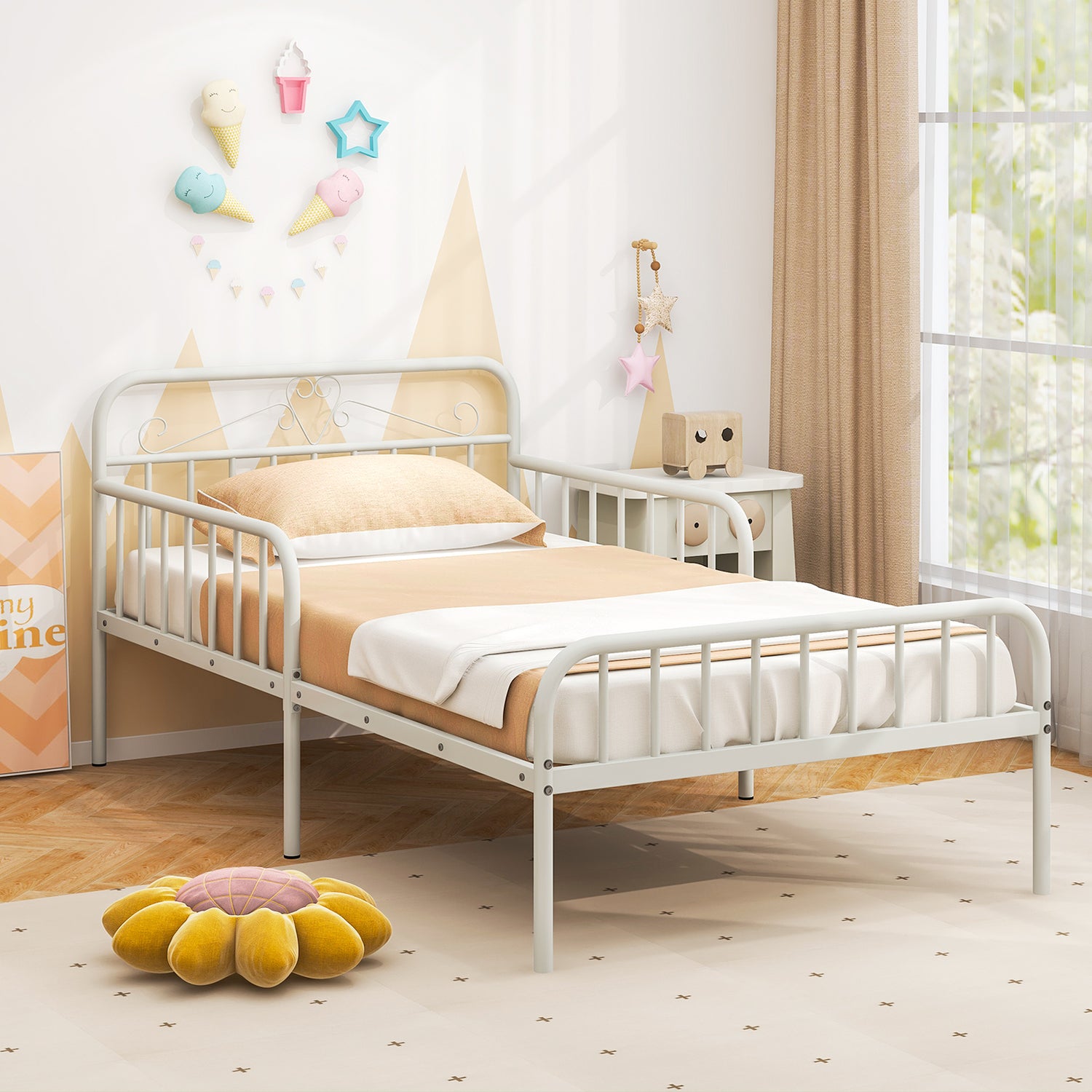 Twin Size Bed Frame with Headboard and Safety Side Guardrails