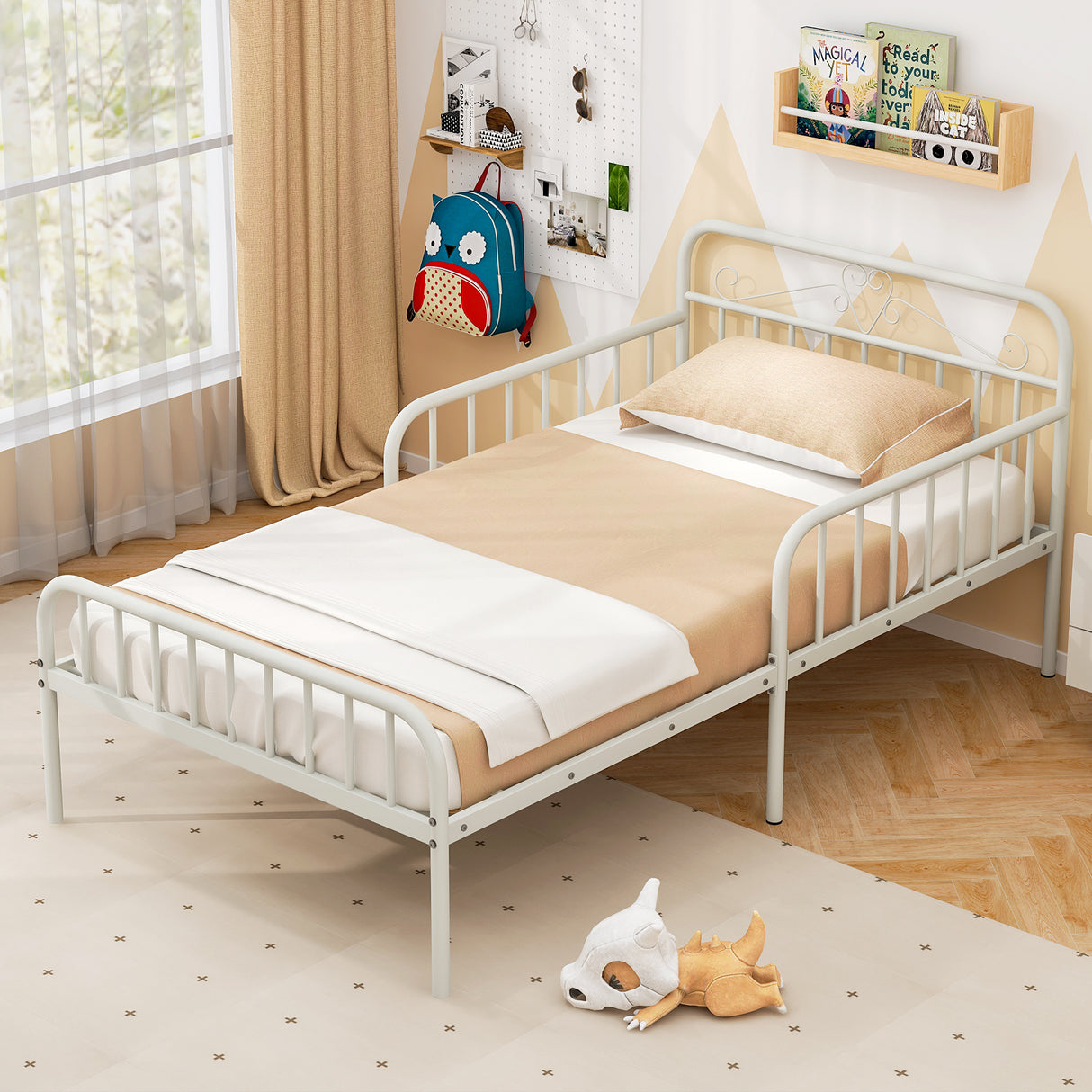 Twin Size Bed Frame with Headboard and Safety Side Guardrails