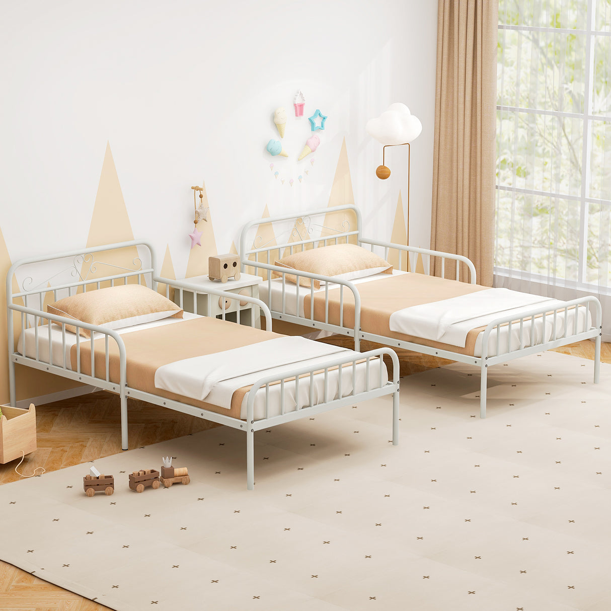 Twin Size Bed Frame with Headboard and Safety Side Guardrails