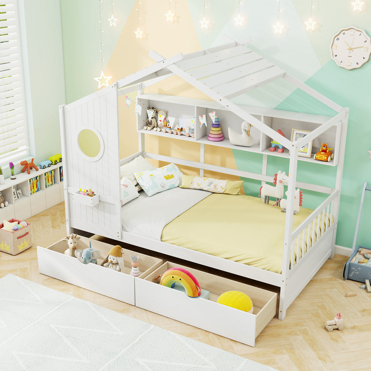 Twin Size House Bed with 2 Storage Drawers and Fence Guardrails