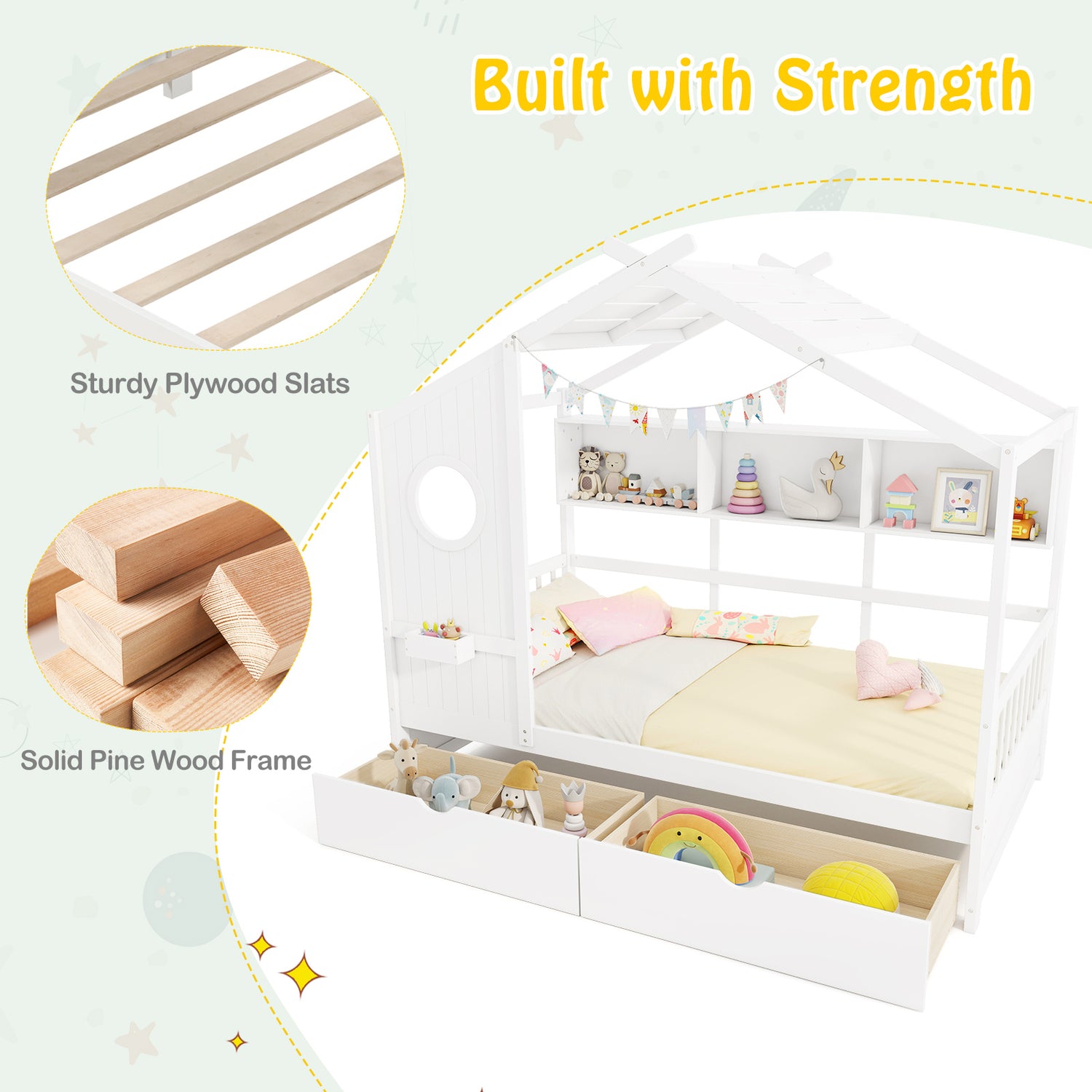 Twin Size House Bed with 2 Storage Drawers and Fence Guardrails
