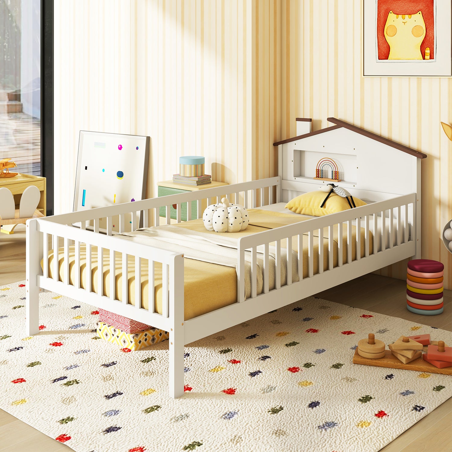 Twin Size Kids Montessori Bed with House-Shaped Headboard and Built-in Storage Shelf