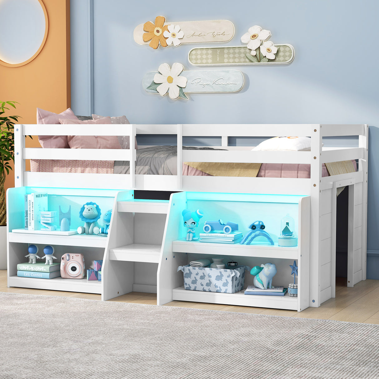 Twin Size Loft Bed with LED Lights with Staircase and Safety Guardrail