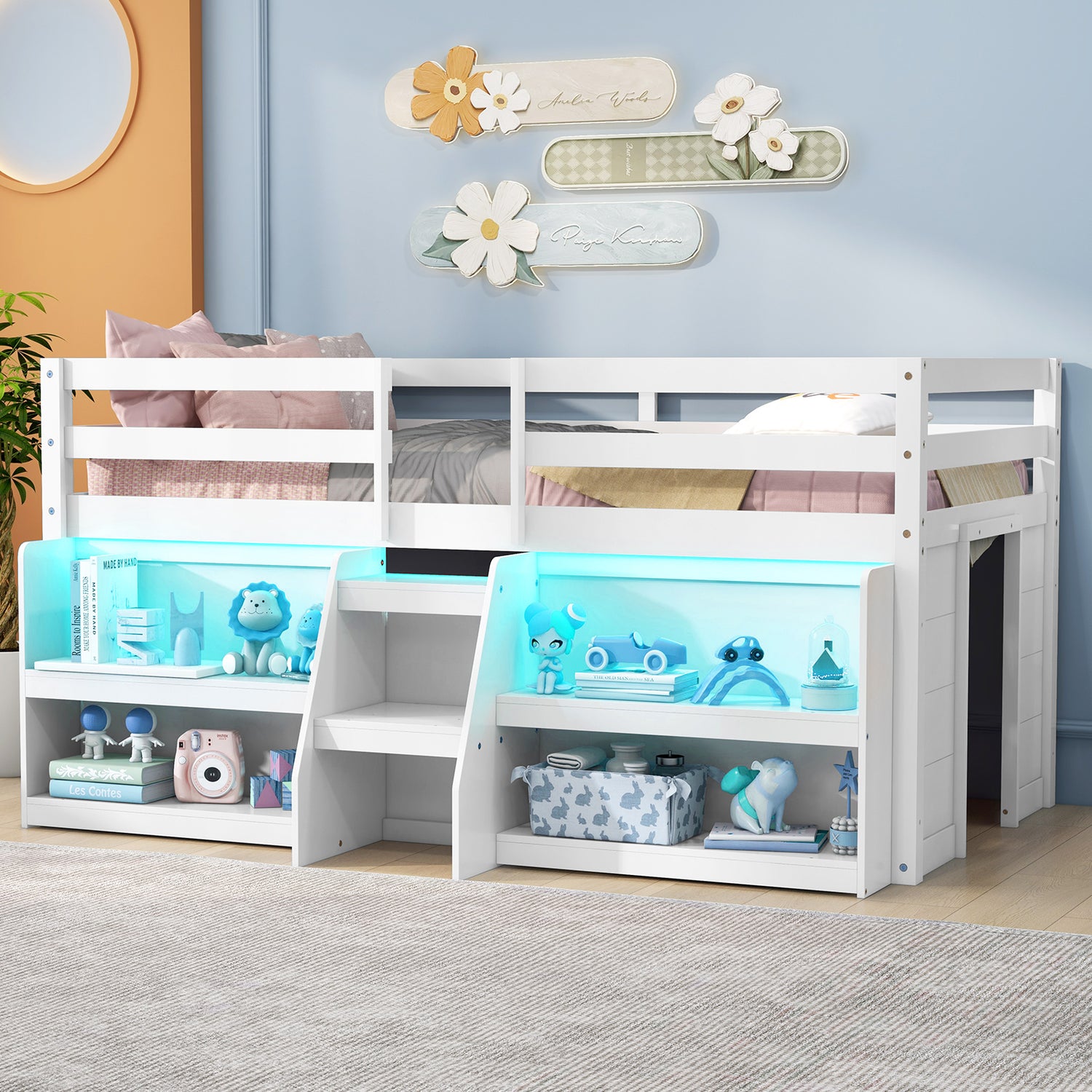 Twin Size Loft Bed with LED Lights with Staircase and Safety Guardrail