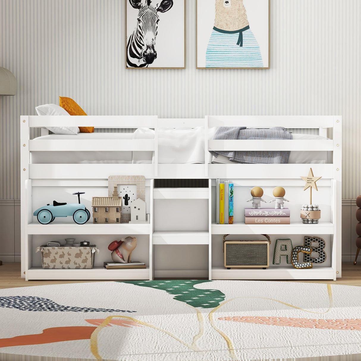 Twin Size Loft Bed with LED Lights with Staircase and Safety Guardrail
