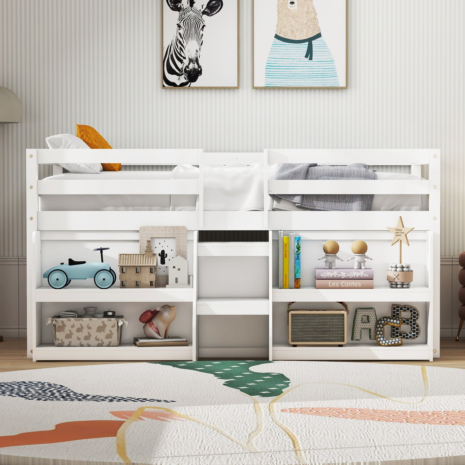 Twin Size Loft Bed with LED Lights with Staircase and Safety Guardrail