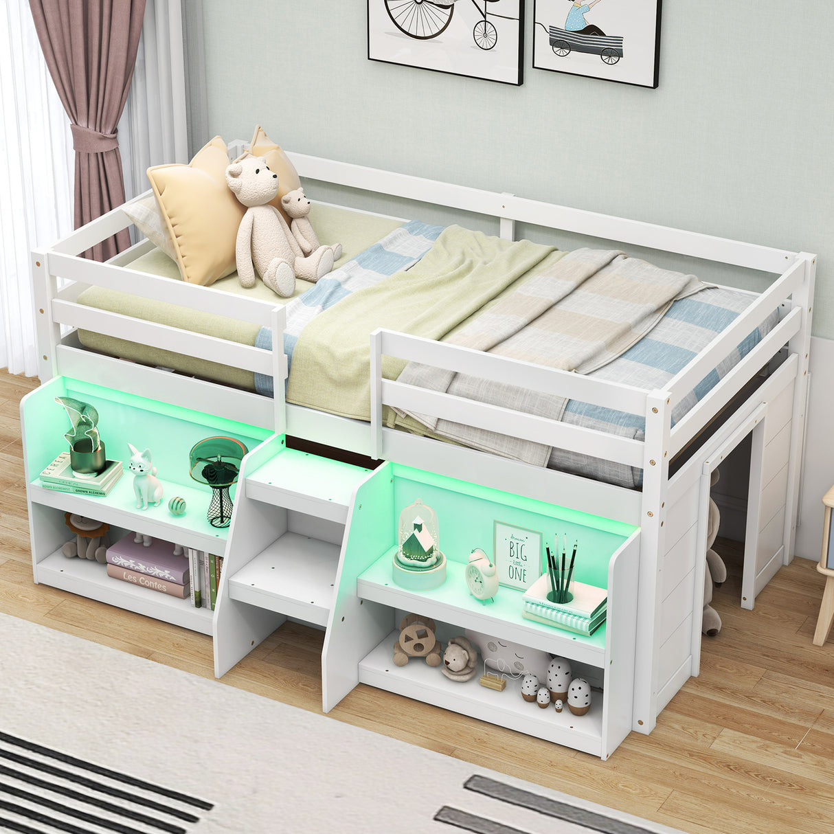Twin Size Loft Bed with LED Lights with Staircase and Safety Guardrail