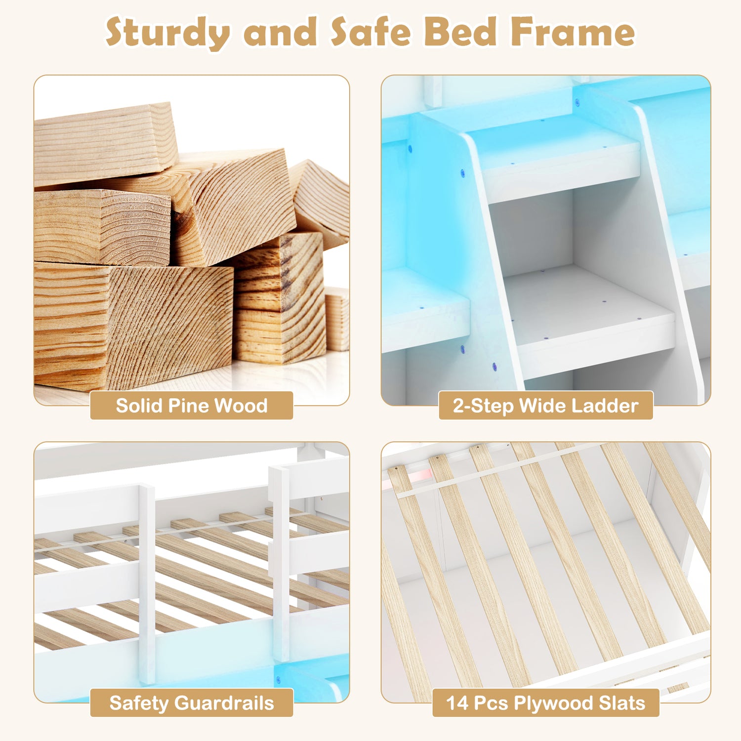 Twin Size Loft Bed with LED Lights with Staircase and Safety Guardrail