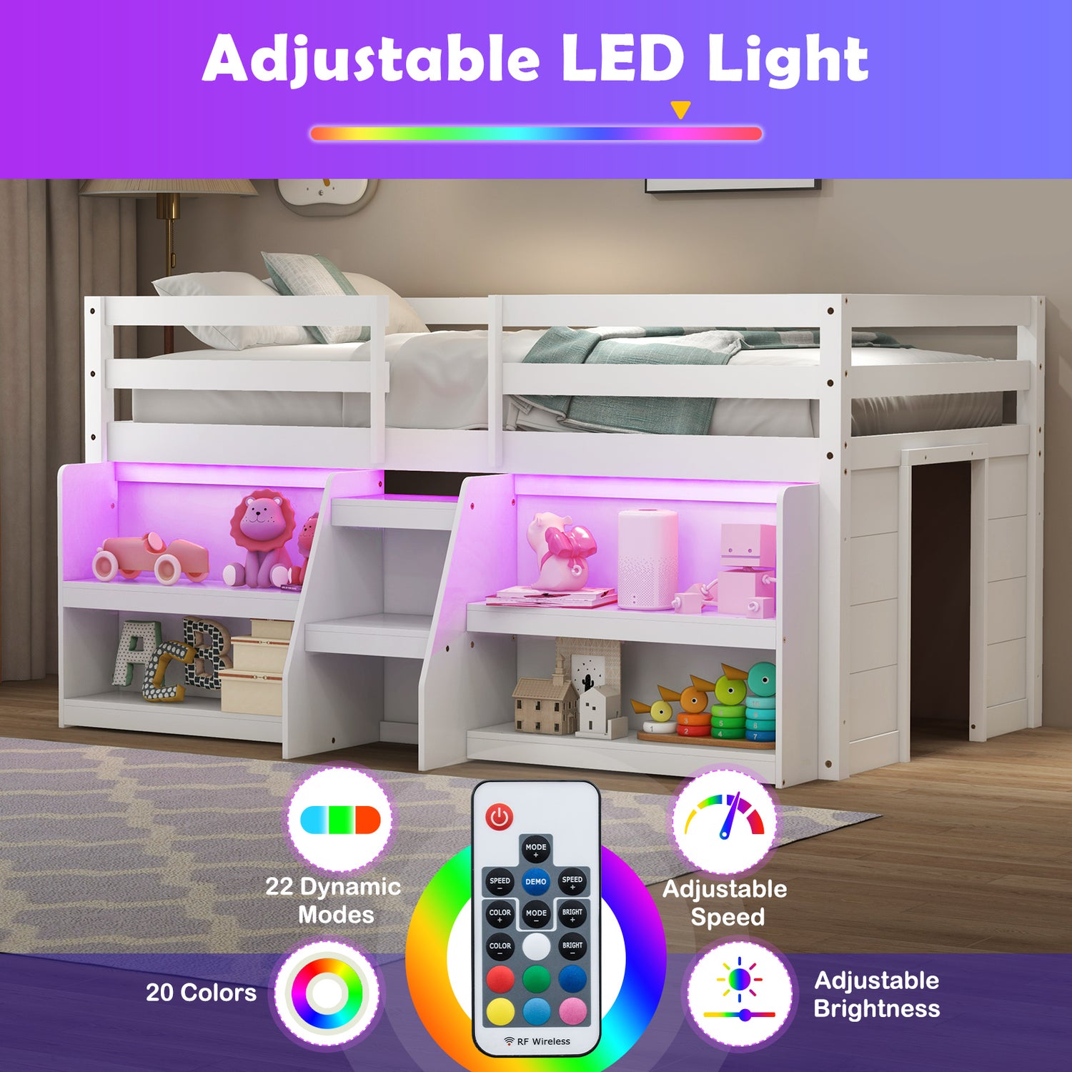 Twin Size Loft Bed with LED Lights with Staircase and Safety Guardrail