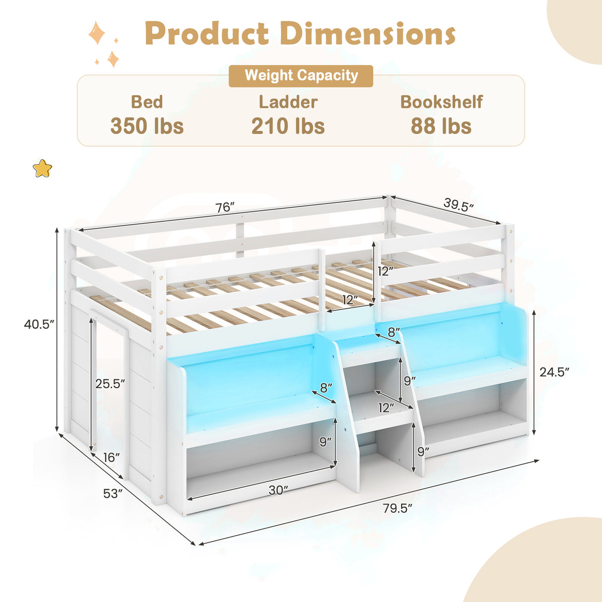 Twin Size Loft Bed with LED Lights with Staircase and Safety Guardrail