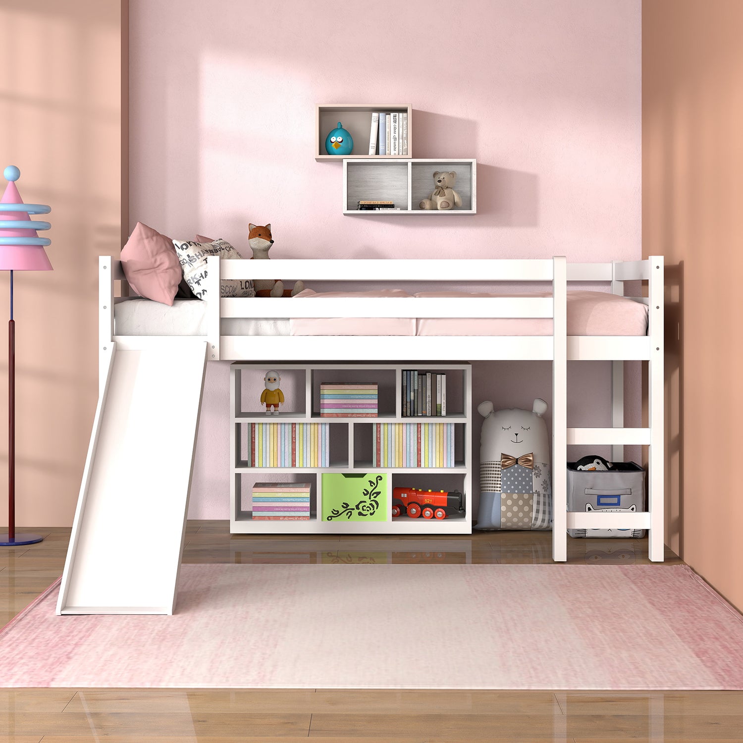 Twin Size Low Sturdy Loft Bed with Slide Wood
