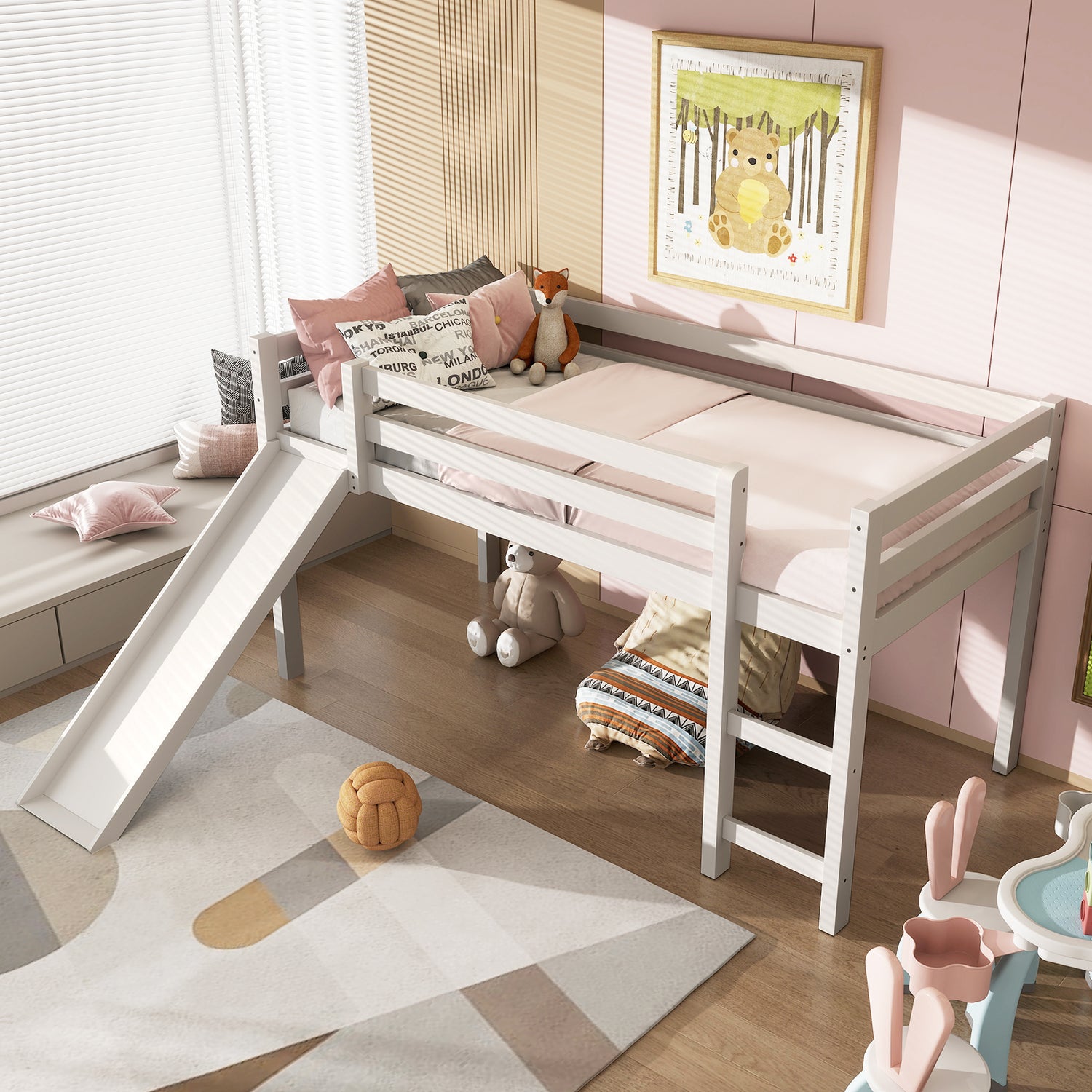 Twin Size Low Sturdy Loft Bed with Slide Wood