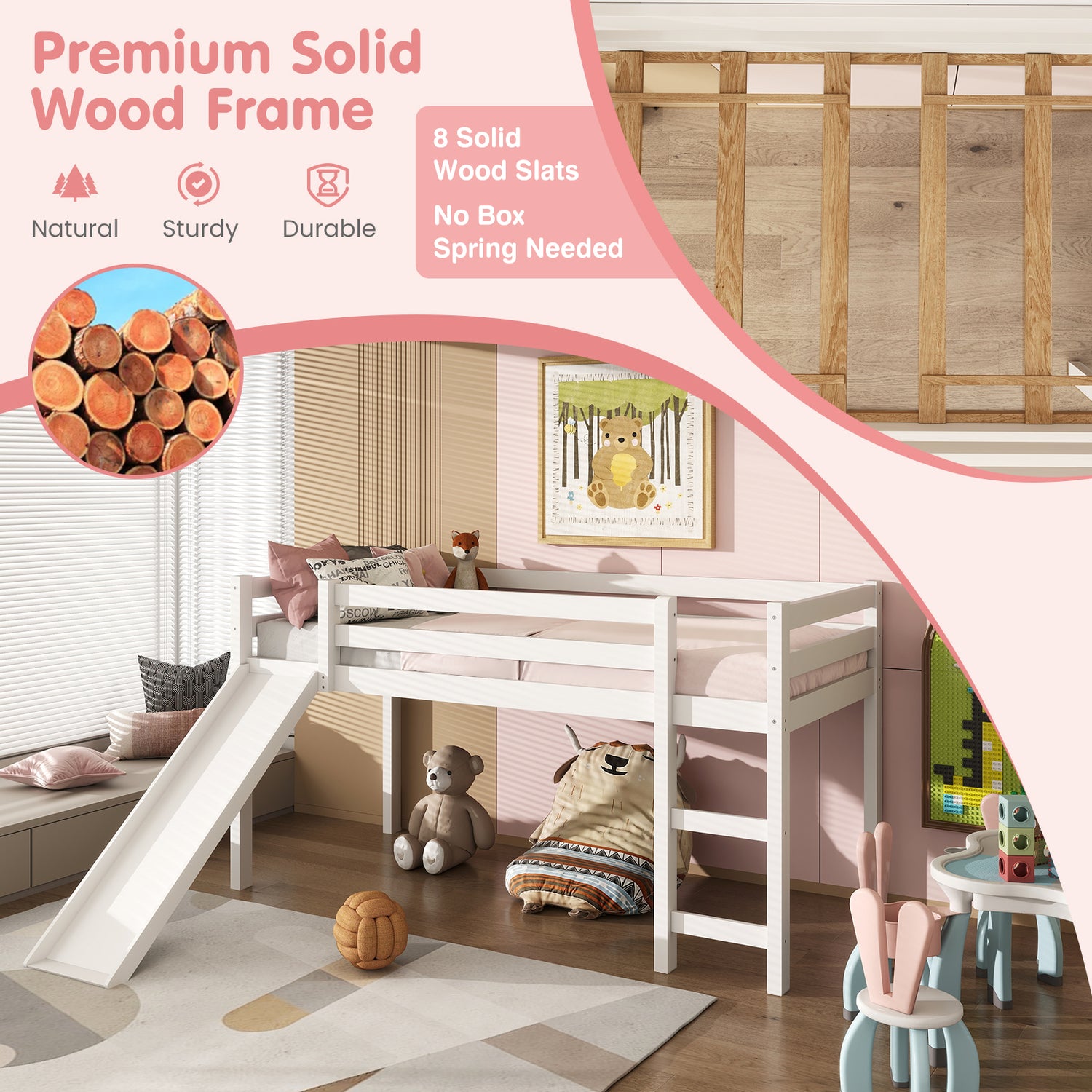 Twin Size Low Sturdy Loft Bed with Slide Wood