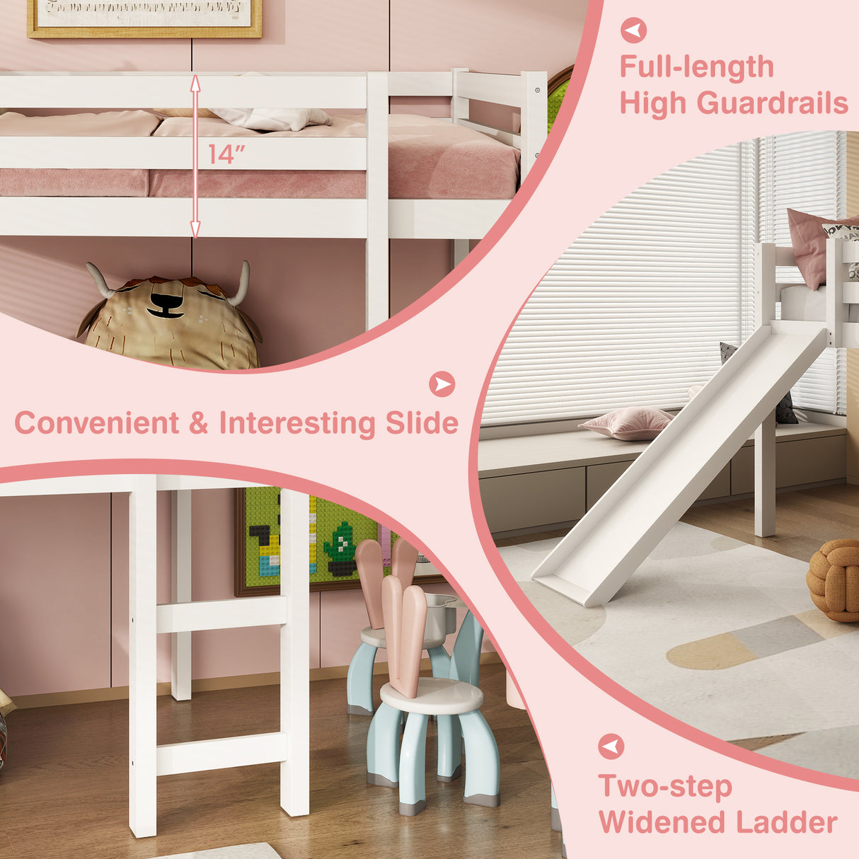 Twin Size Low Sturdy Loft Bed with Slide Wood