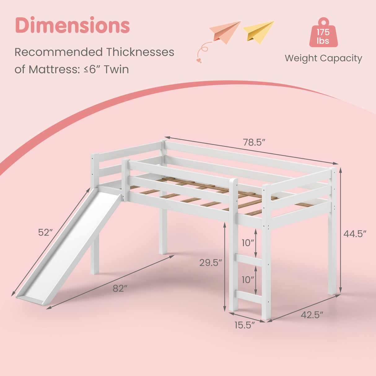 Twin Size Low Sturdy Loft Bed with Slide Wood