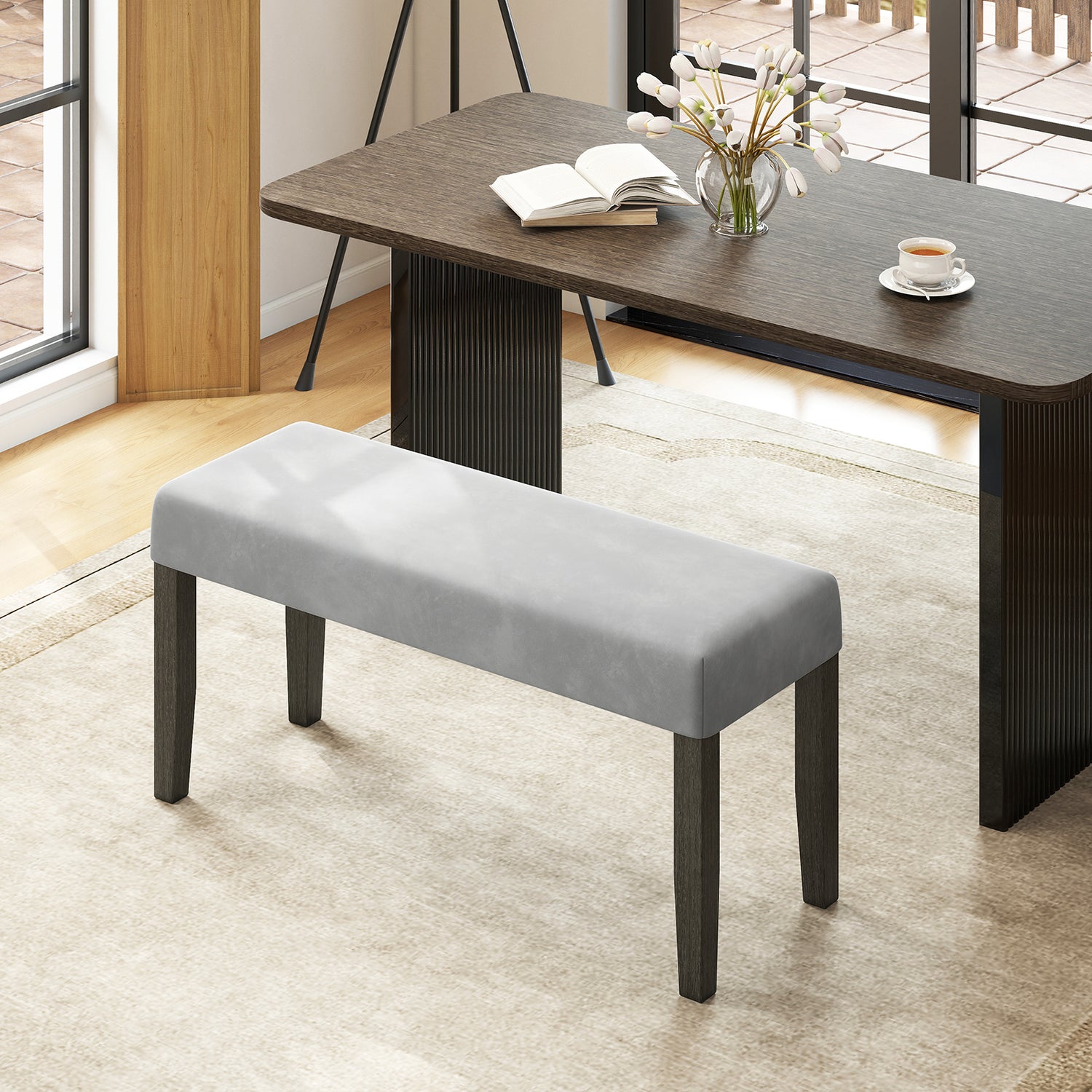 End of Bed Bench with Padded Seat and Solid Wood Legs-Gray