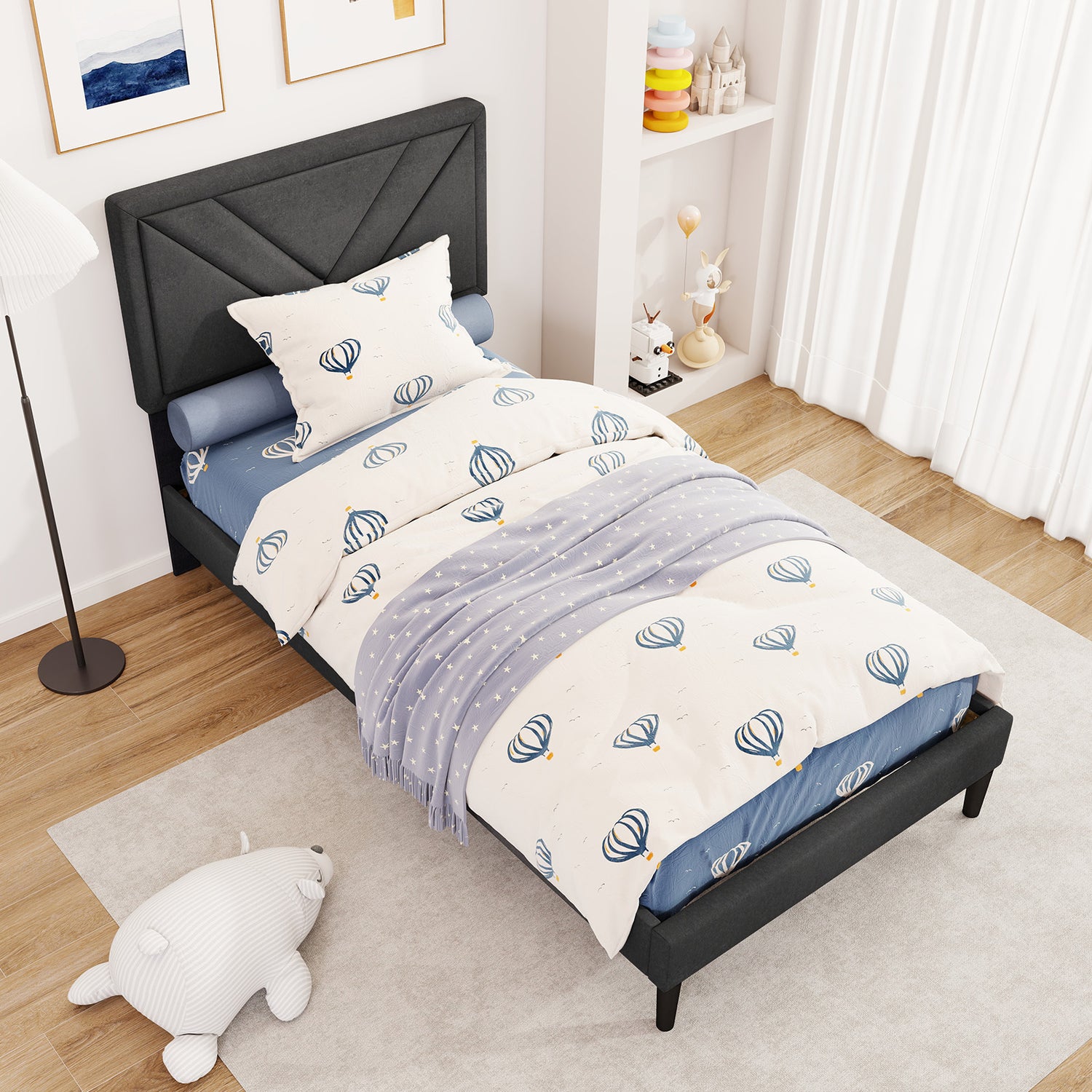 Upholstered Platform Bed with Tufted Headboard and Wooden Slats
