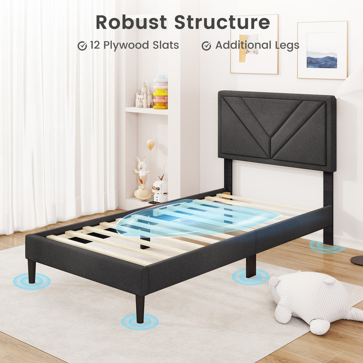 Upholstered Platform Bed with Tufted Headboard and Wooden Slats