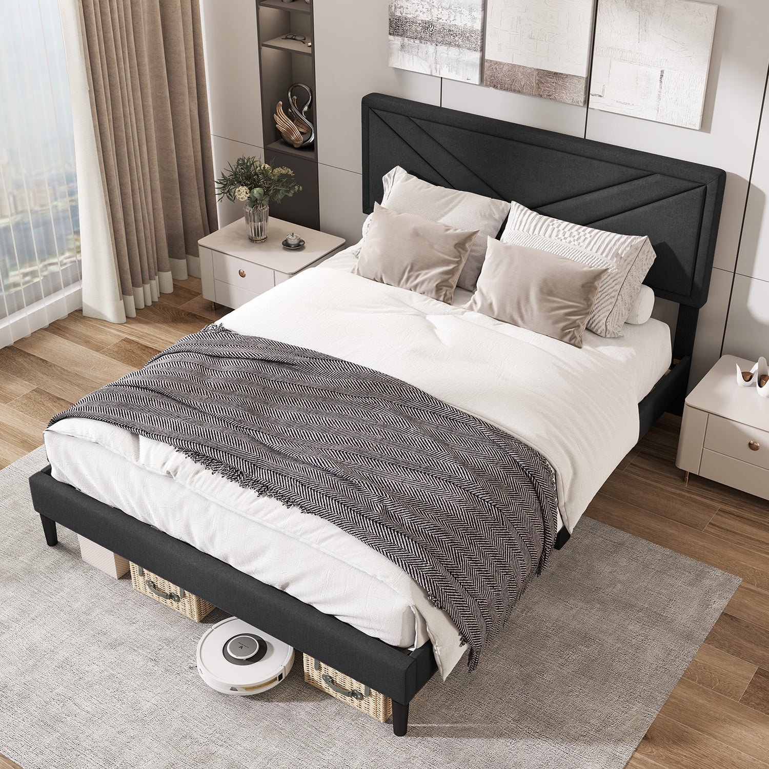 Upholstered Platform Bed with Tufted Headboard and Wooden Slats