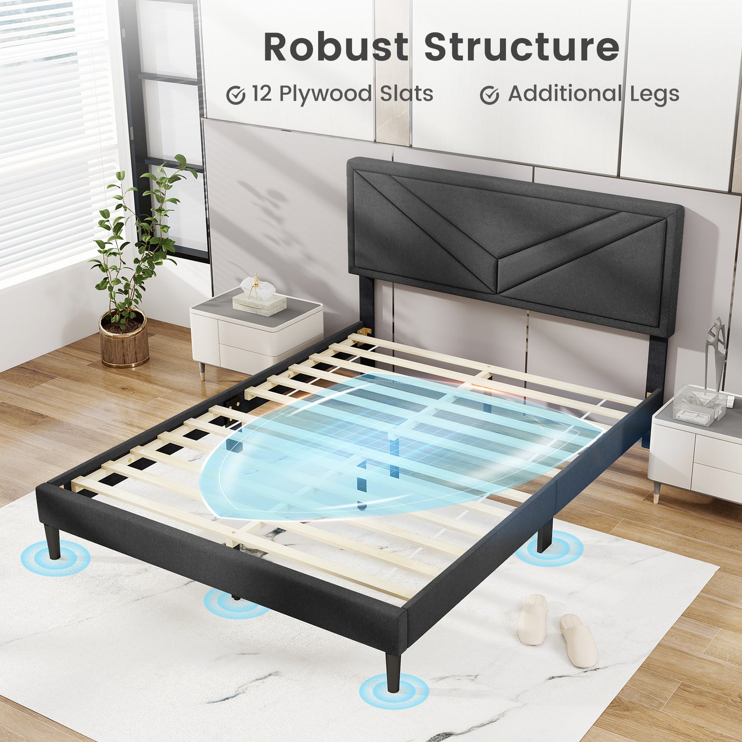 Upholstered Platform Bed with Tufted Headboard and Wooden Slats