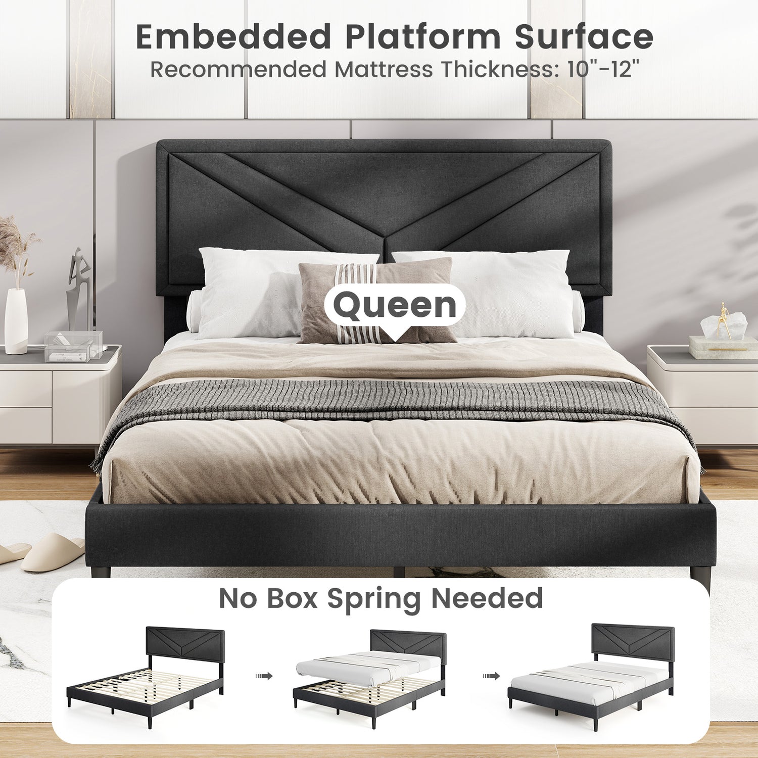 Upholstered Platform Bed with Tufted Headboard and Wooden Slats