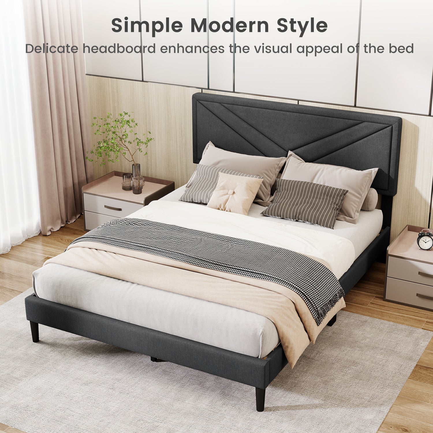 Upholstered Platform Bed with Tufted Headboard and Wooden Slats