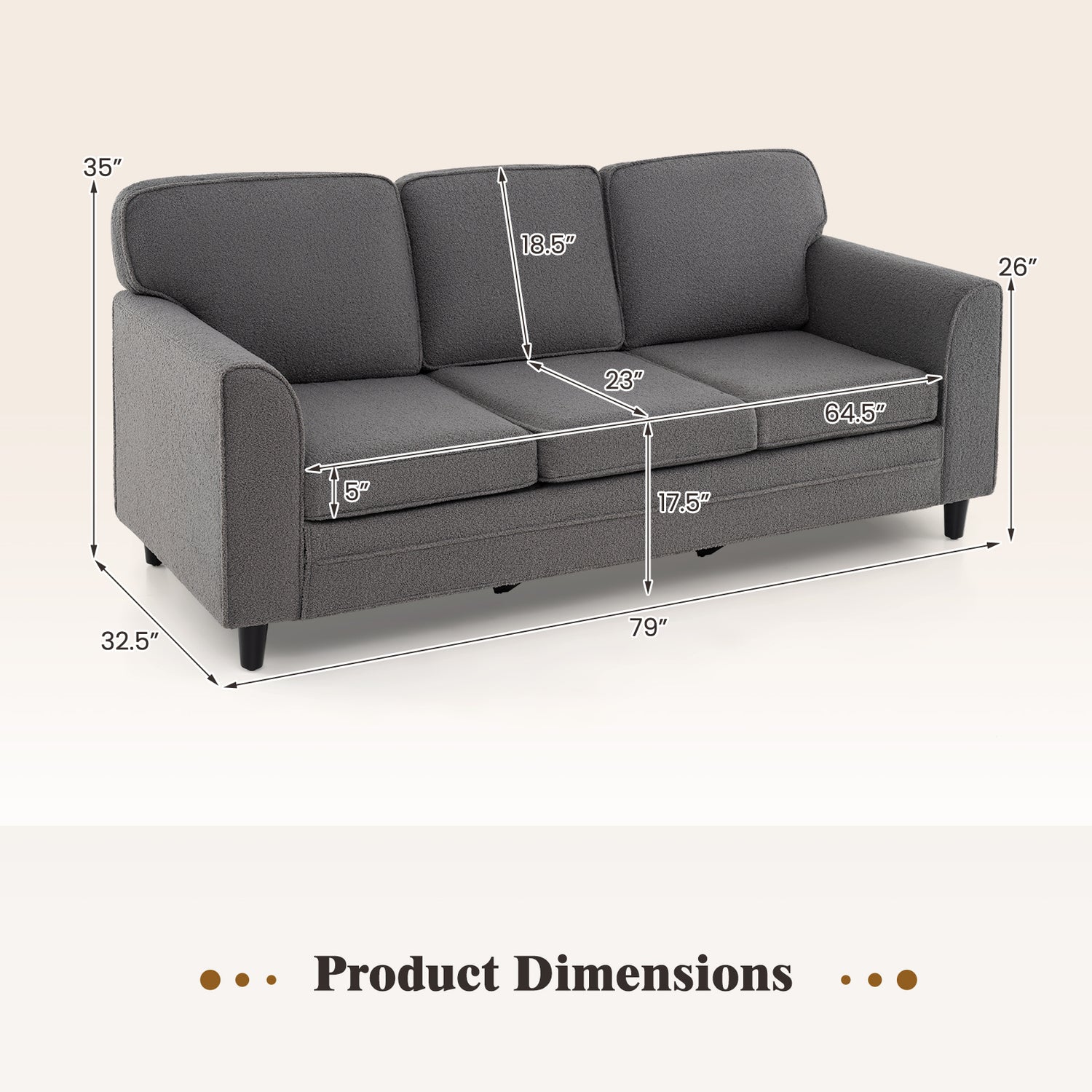 Upholstered Teddy Velvet 3-Seat Sofa with Comfy Back Pillows