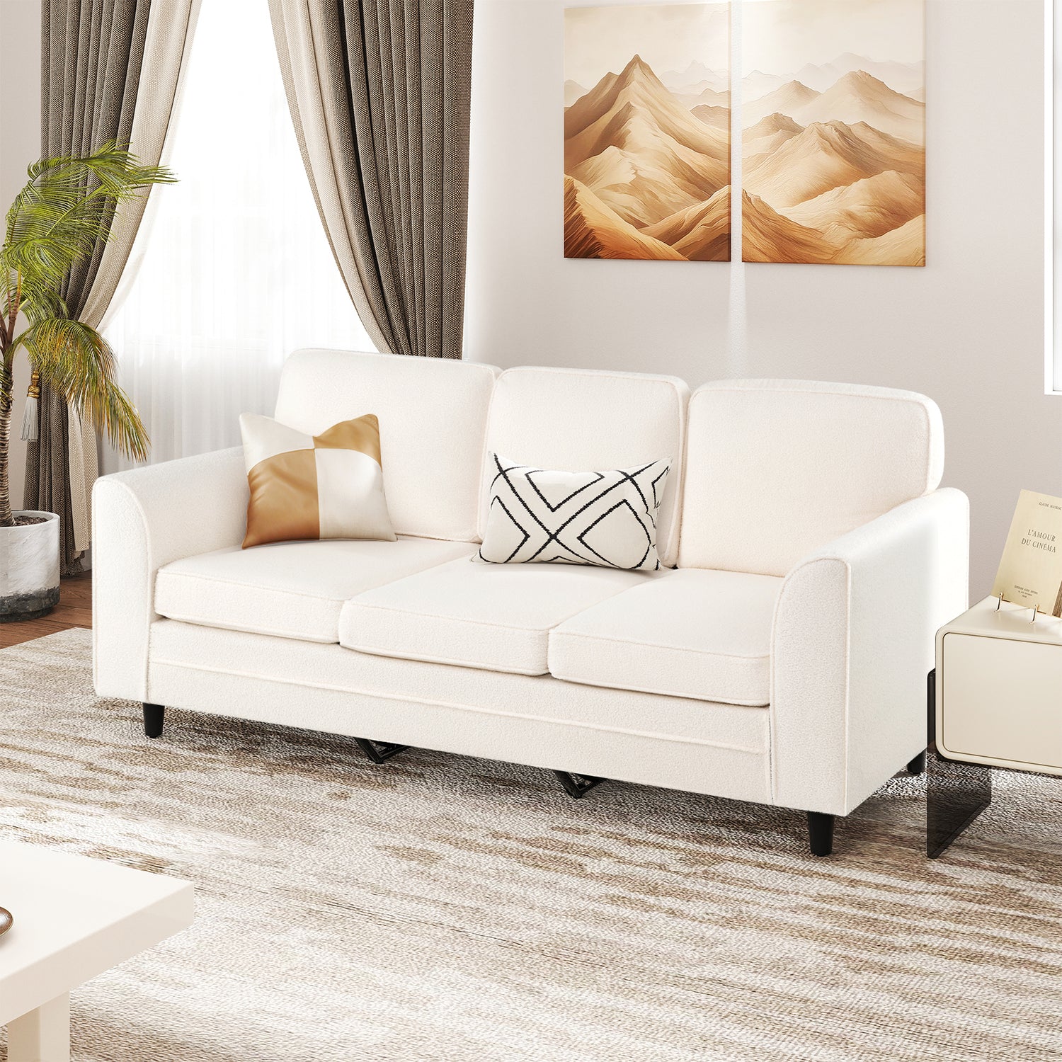 Upholstered Teddy Velvet 3-Seat Sofa with Comfy Back Pillows