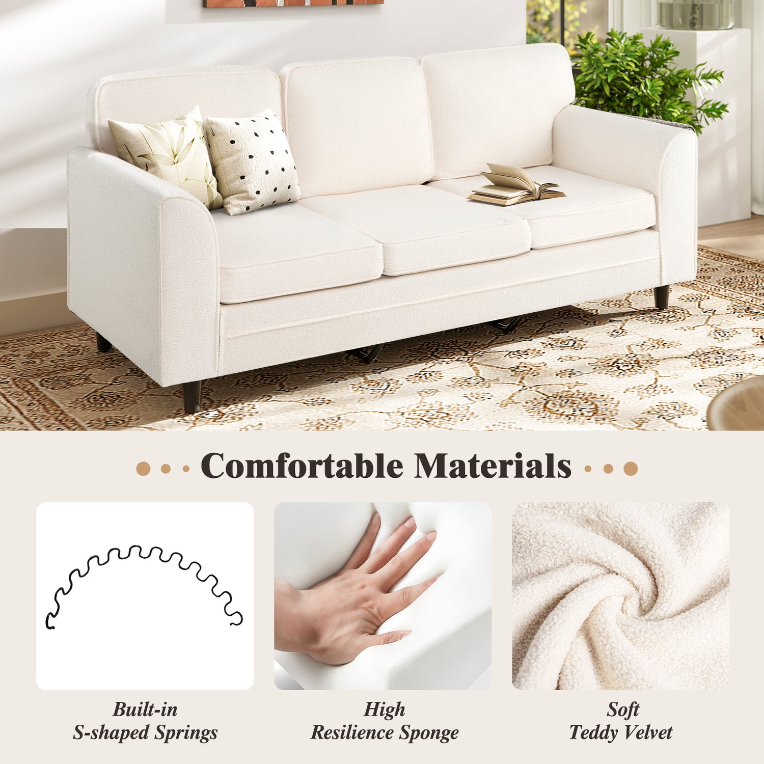 Upholstered Teddy Velvet 3-Seat Sofa with Comfy Back Pillows